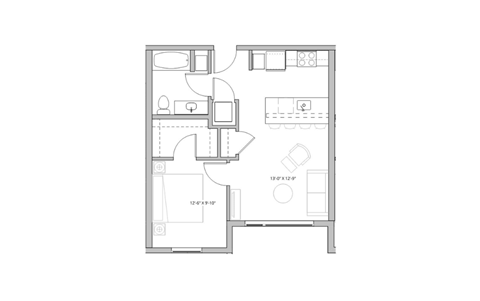 Floor plan for 1 bed, 1 bath, 608 sqft